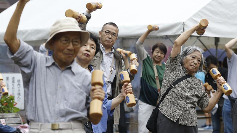 Elderly people working out, Tokyo, Japan, Sept. 19, 2016